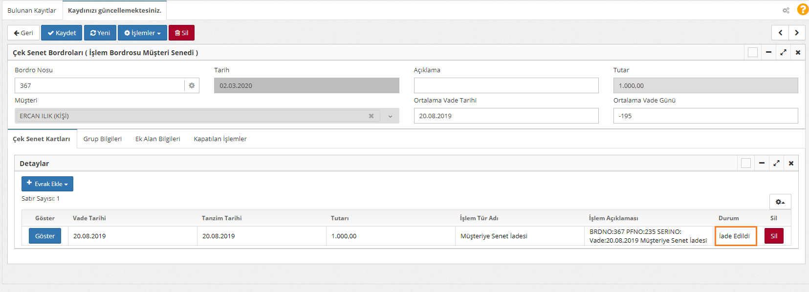 işlem bordrosu müşteri senedi